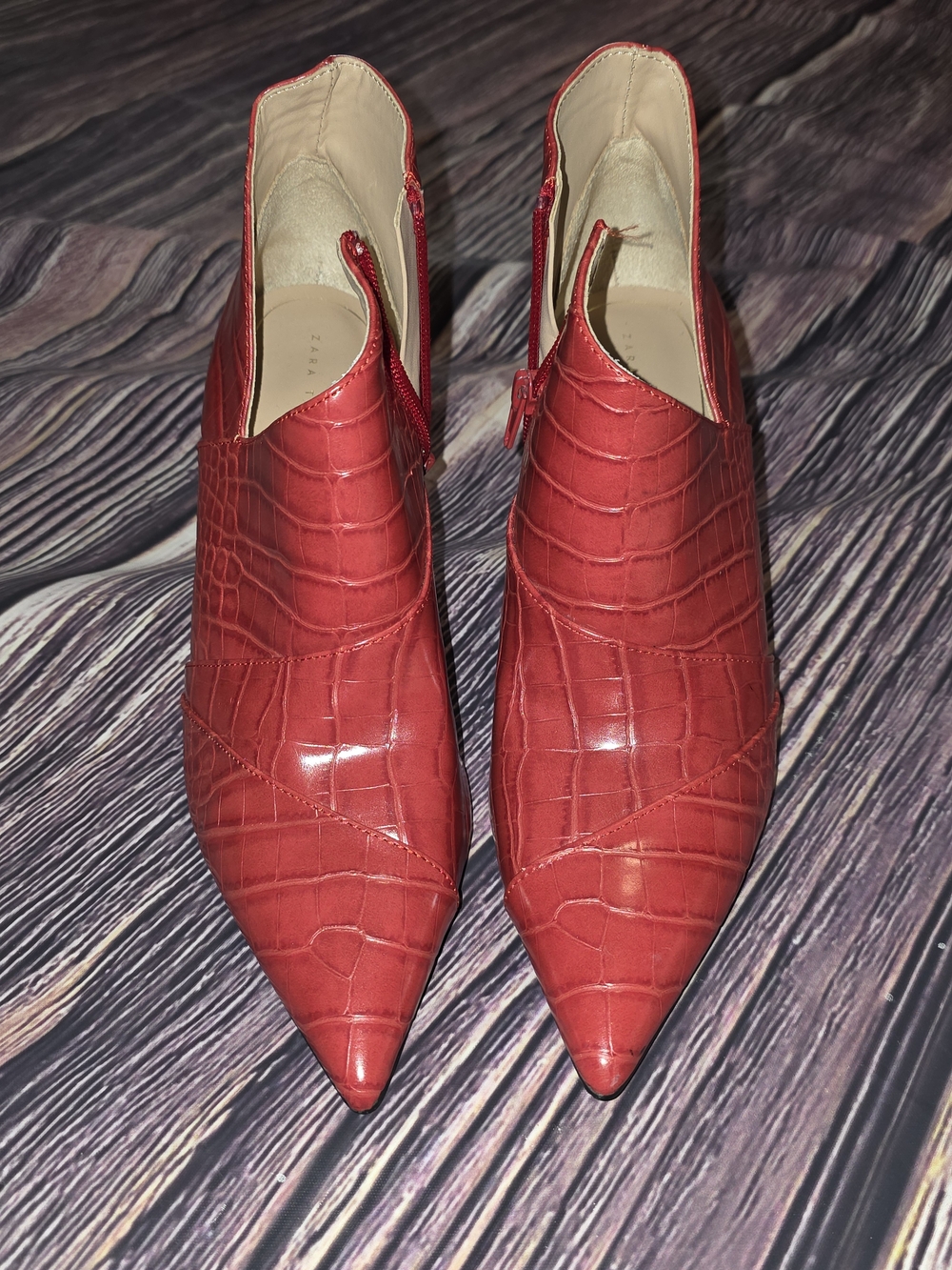 Zara Red Croc-Embossed Pointed Toe Booties